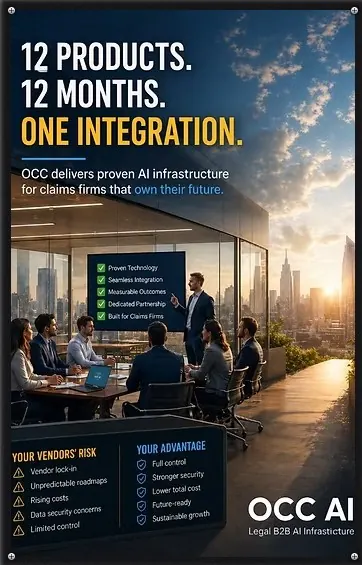 Poster: 12 products, 12 months, one integration, proven AI infrastructure for claims firms.