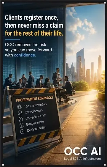 ClaimWatch poster: clients register once, then never miss a claim for the rest of their life.
