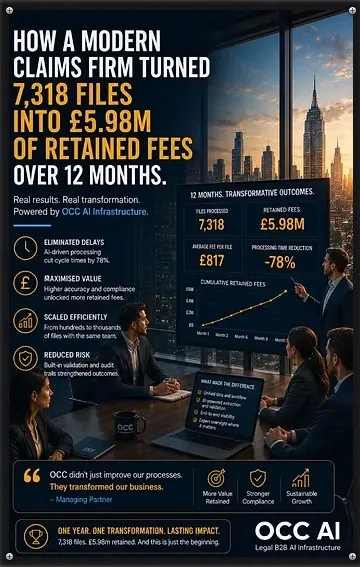 Case study poster: how a modern claims firm turned 7,318 files into £5.98M of retained fees over 12 months.